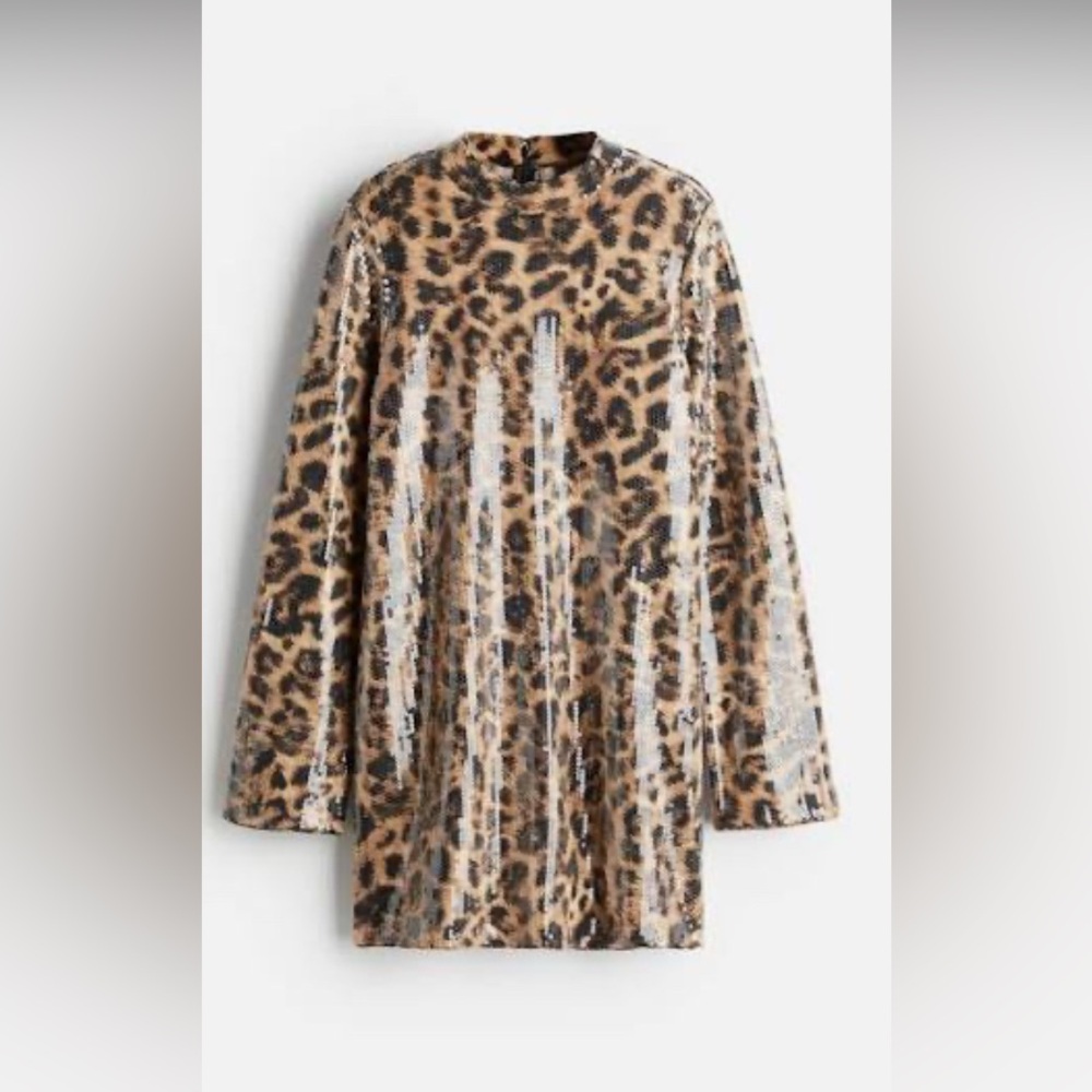 H&M Sequin Leopard Print A-line Long Sleeve Dress